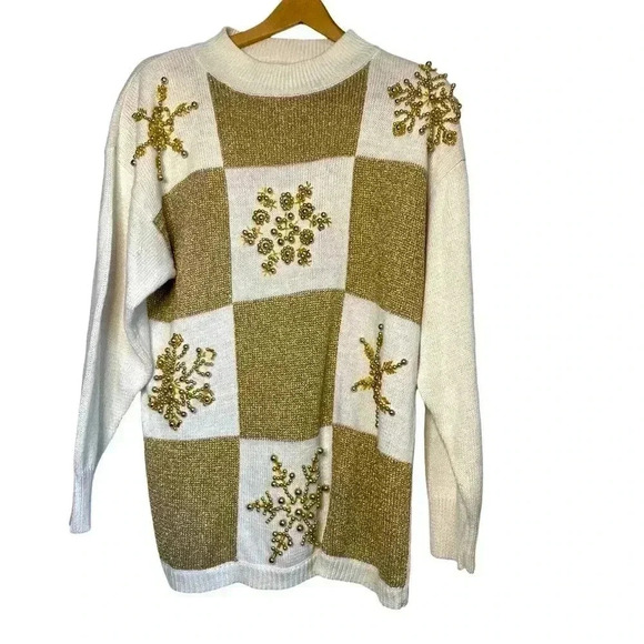 lew magram Sweaters - Lew Magrum VINTAGE gold and cream, gold beaded snowflake Christmas sweater SZ-L